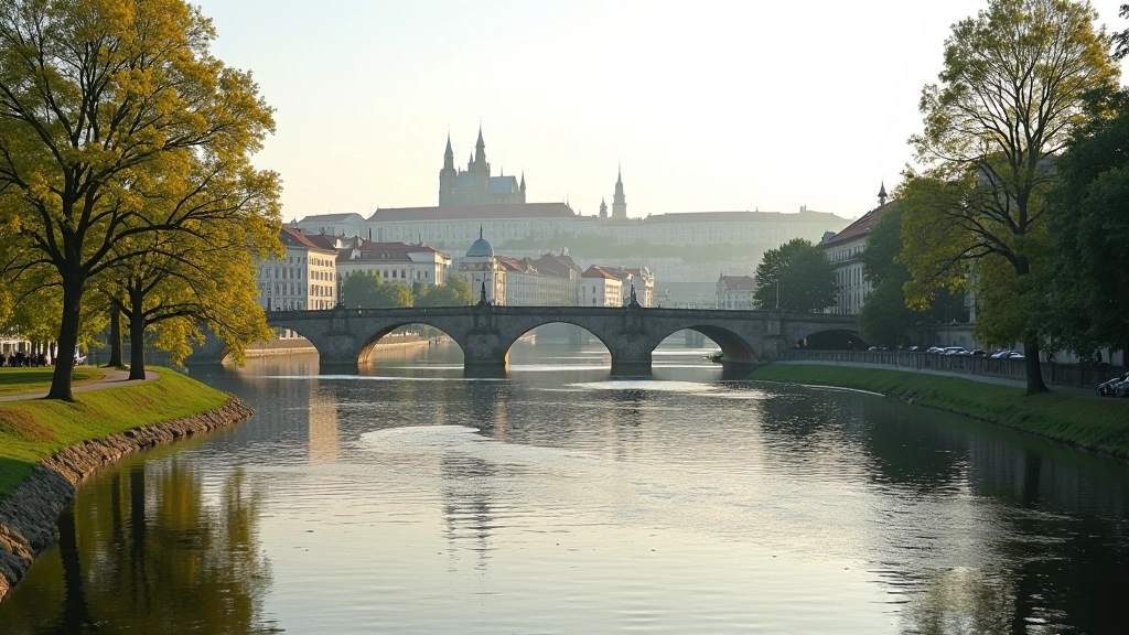 Pohled na Vltavu se starými budovami a mosty v pozadí